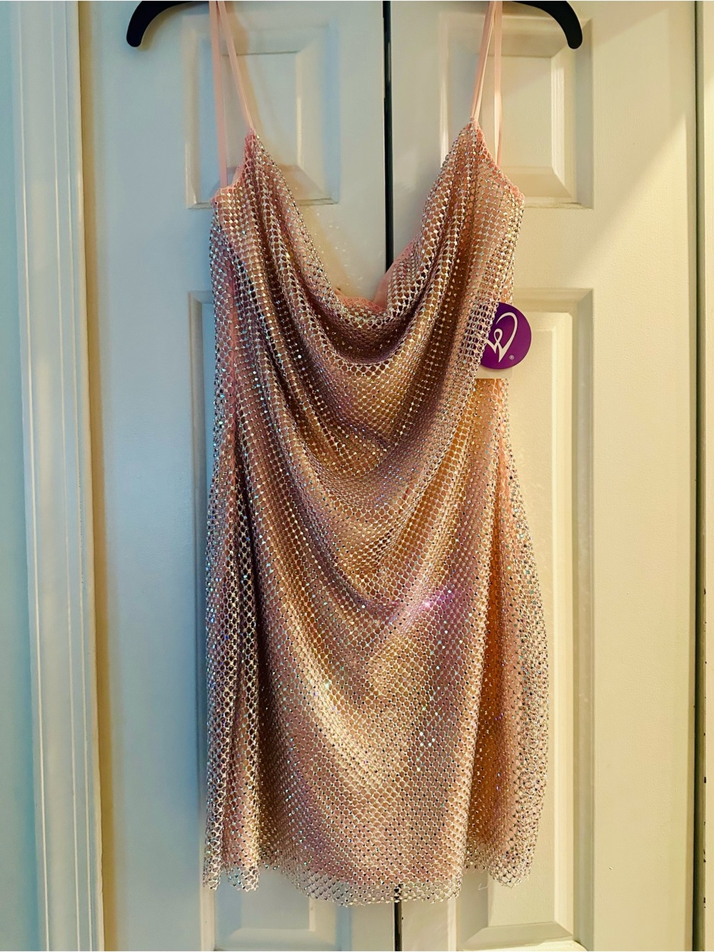 Light Pink Rhinestone Cowl Neck Mini Dress